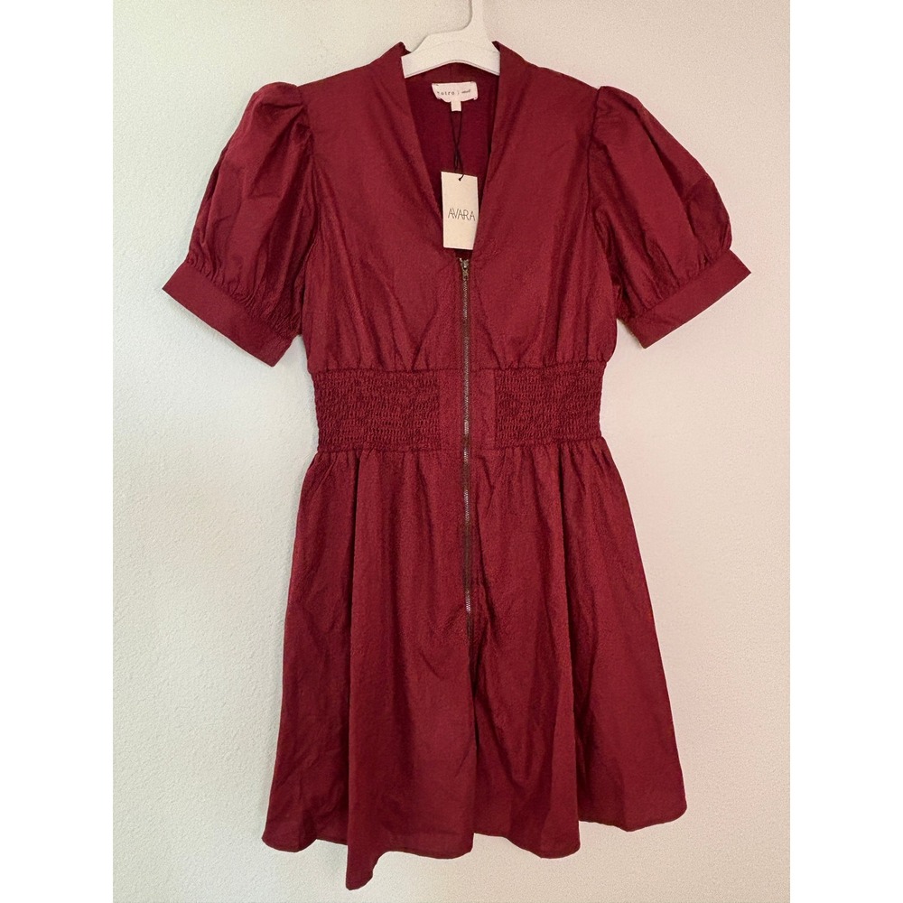 Entro Avara Burgundy Puff Sleeve Smocked Waist Zip Front Mini Dress Small NWT